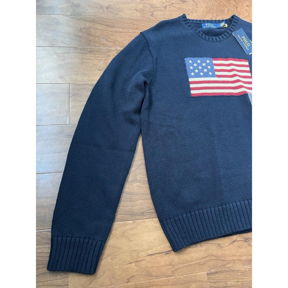 NWT Polo Ralph Lauren Navy Blue AMERICAN FLAG Knit CrewNeck Sweater Size Large - Picture 4 of 5
